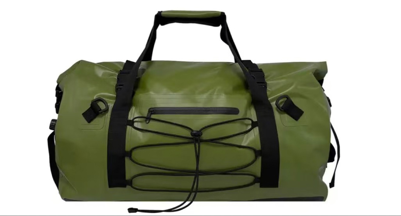Olive green roll-top dry duffle bag with bungee cords, webbing handles and front zip pocket