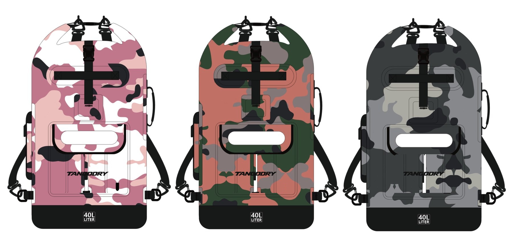 Camo waterproof backpack 40 litre with roll-top IPX6 closure