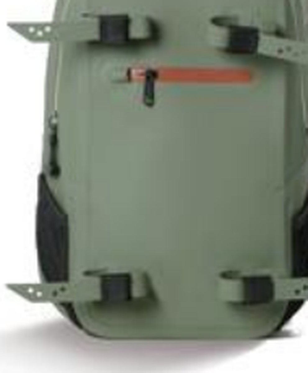 Luftdichter Angelrucksack, Oliv, orangefarbener Reißverschluss