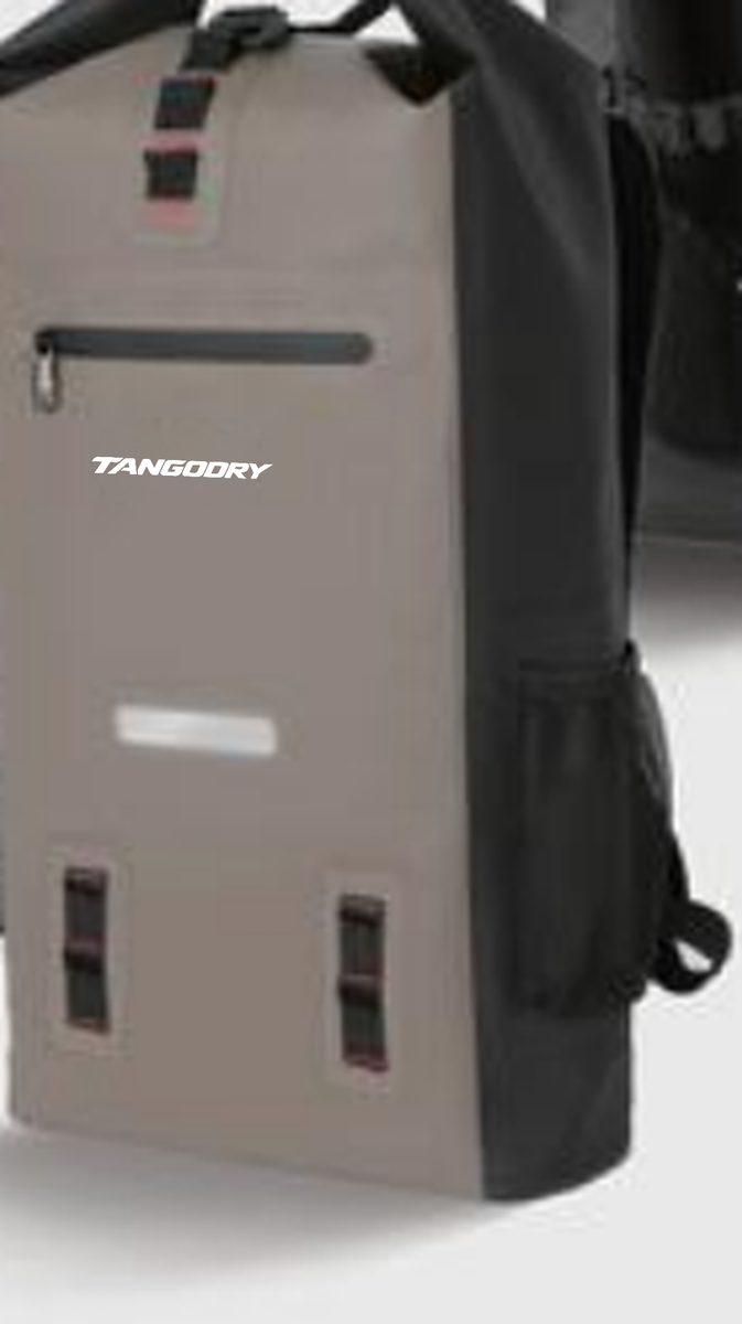 Mochila roll-top, gris/negra, bolsillo con cremallera