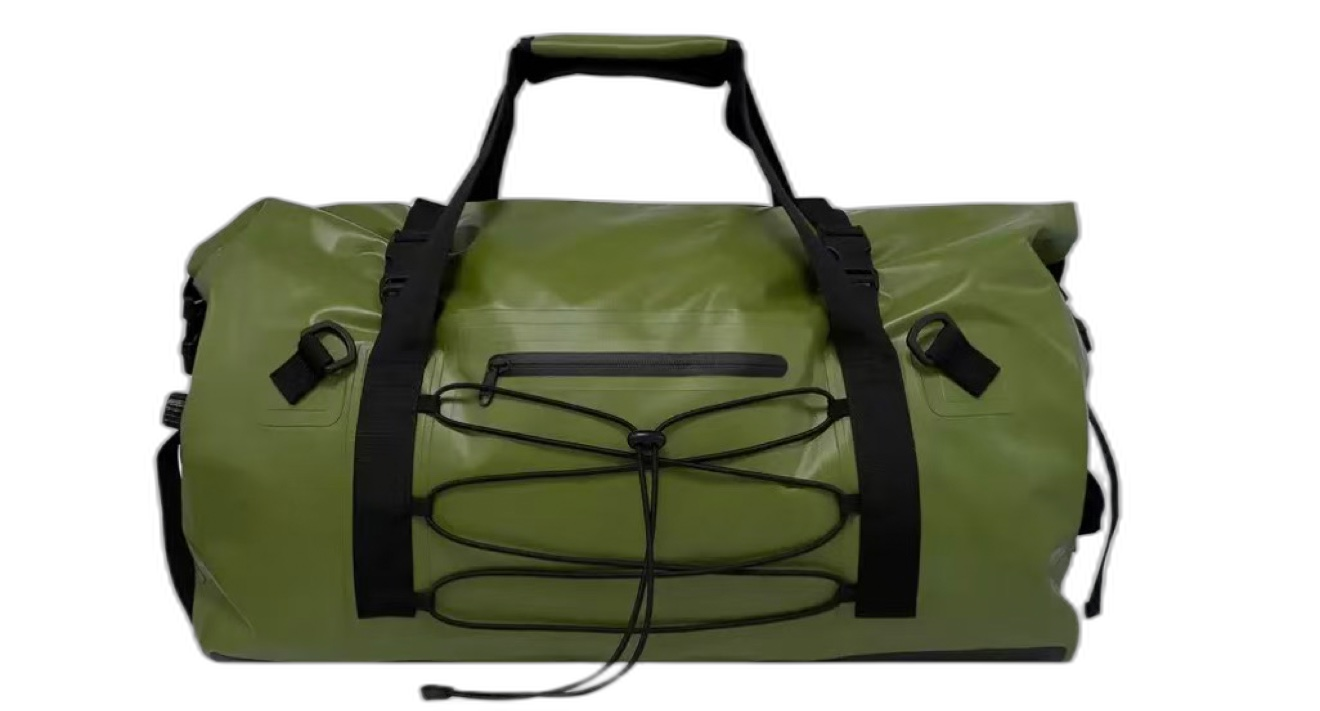 Olivgrüner Dry Duffle Bag mit Bungee-Bändern und Gurtbandgriffen